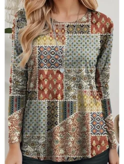 New Women's T shirt Crew Neck Long Sleeve Tunic Graphic Geometric Casual Regular Tops Daily Print Spring Fall Women Boho Tops