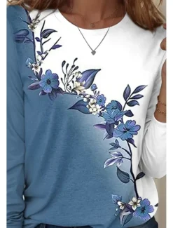 Online Women's T shirt Crew Neck Long Sleeve Tunic Floral Graphic Casual Regular Tops Daily Print Spring Fall Women T-Shirts|Spring Tops