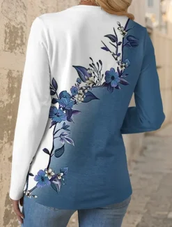 Online Women's T shirt Crew Neck Long Sleeve Tunic Floral Graphic Casual Regular Tops Daily Print Spring Fall Women T-Shirts|Spring Tops