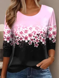 New Women's T shirt Crew Neck Long Sleeve Tunic Floral Elegant Vintage Regular Tops Daily Going out Weekend Print Women T-Shirts