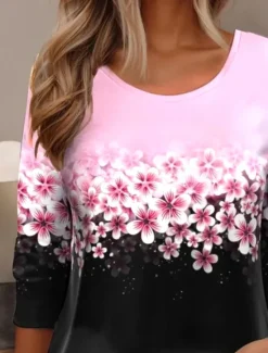 New Women's T shirt Crew Neck Long Sleeve Tunic Floral Elegant Vintage Regular Tops Daily Going out Weekend Print Women T-Shirts
