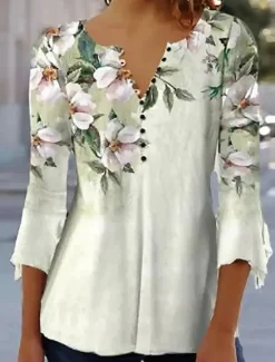 Discount Women's T Shirt Daily Basic Floral Print 3/4 Length Sleeve Regular Tops Round Neck Casual Holiday Fall & Winter Women Spring Tops