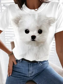 Clearance Women's T Shirt Dog Basic Short Sleeve Round Neck Regular Tops Daily Weekend Print Custom Print White Beige Gray Women T-Shirts
