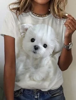 Clearance Women's T Shirt Dog Basic Short Sleeve Round Neck Regular Tops Daily Weekend Print Custom Print White Beige Gray Women T-Shirts