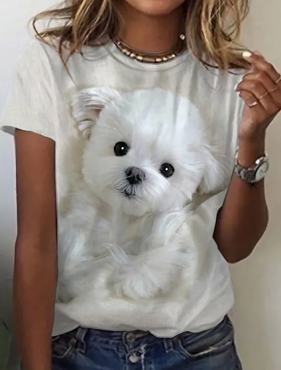 Clearance Women's T Shirt Dog Basic Short Sleeve Round Neck Regular Tops Daily Weekend Print Custom Print White Beige Gray Women T-Shirts