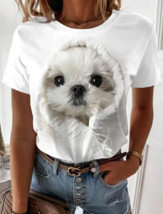 Clearance Women's T Shirt Dog Basic Short Sleeve Round Neck Regular Tops Daily Weekend Print Custom Print White Beige Gray Women T-Shirts