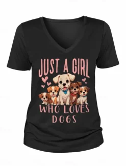 Sale Women's T Shirt Dog Letter Stylish Casual Short Sleeve V Neck Regular Tops Daily Print Summer Women T-Shirts