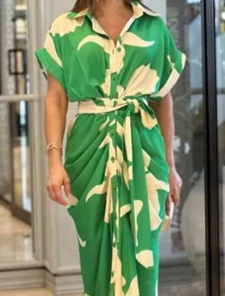 Discount Women's T Shirt Dress Summer Dress Print Dress Floral Leaf Ruched Button Shirt Collar Long Dress Maxi Dress Elegant Fashion Work Daily Short Sleeve Regular Fit Yellow Pink Red Summer Spring S M L XL Women Work Dresses