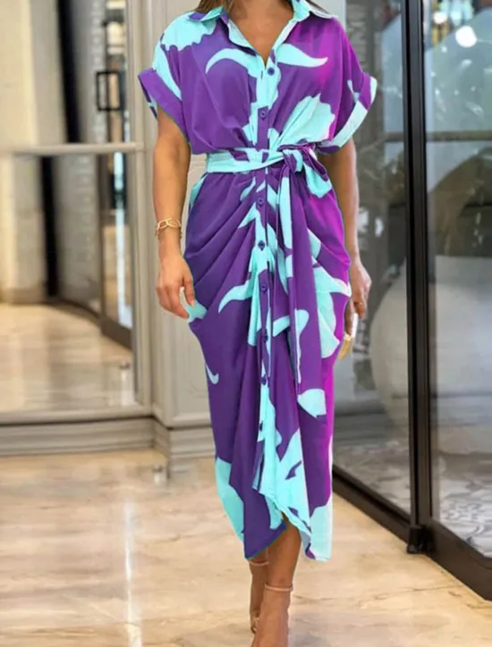 Discount Women's T Shirt Dress Summer Dress Print Dress Floral Leaf Ruched Button Shirt Collar Long Dress Maxi Dress Elegant Fashion Work Daily Short Sleeve Regular Fit Yellow Pink Red Summer Spring S M L XL Women Work Dresses
