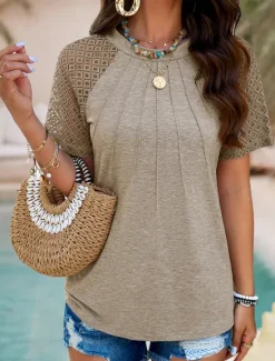 Women's T Shirt Dressy Tops Plain Stylish Short Sleeve Crew Neck Regular Tops Daily Lace Summer Women Lace Tops