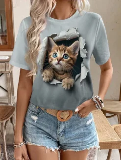 Best Women's T Shirt Fashion Cat Print Short Sleeve Regular Tops Round Neck Daily Weekend Summer 3D cat Women T-Shirts