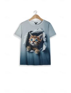 Best Women's T Shirt Fashion Cat Print Short Sleeve Regular Tops Round Neck Daily Weekend Summer 3D cat Women T-Shirts