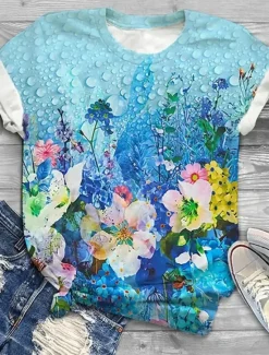 Hot Women's T Shirt Fashion Floral Print Short Sleeve Regular Tops Round Neck Holiday Weekend Yellow Pink Blue Purple Green Spring & Summer Women Spring Tops