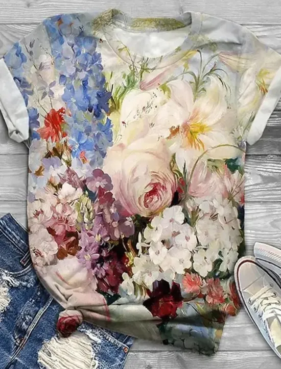 Hot Women's T Shirt Fashion Floral Print Short Sleeve Regular Tops Round Neck Holiday Weekend Yellow Pink Blue Purple Green Spring & Summer Women Spring Tops