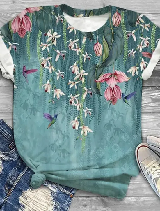 Hot Women's T Shirt Fashion Floral Print Short Sleeve Regular Tops Round Neck Holiday Weekend Yellow Pink Blue Purple Green Spring & Summer Women Spring Tops