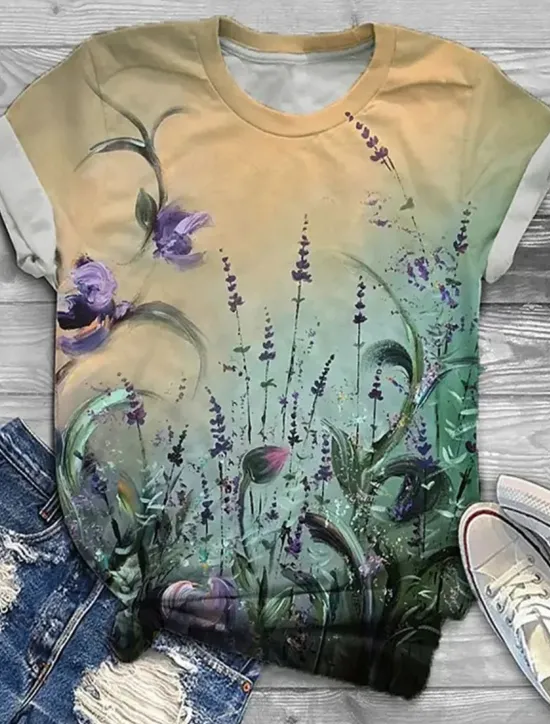 Hot Women's T Shirt Fashion Floral Print Short Sleeve Regular Tops Round Neck Holiday Weekend Yellow Pink Blue Purple Green Spring & Summer Women Spring Tops