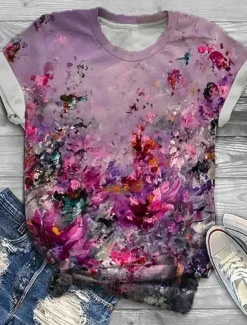 Hot Women's T Shirt Fashion Floral Print Short Sleeve Regular Tops Round Neck Holiday Weekend Yellow Pink Blue Purple Green Spring & Summer Women Spring Tops