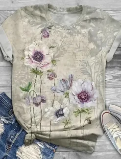 Hot Women's T Shirt Fashion Floral Print Short Sleeve Regular Tops Round Neck Holiday Weekend Yellow Pink Blue Purple Green Spring & Summer Women Spring Tops