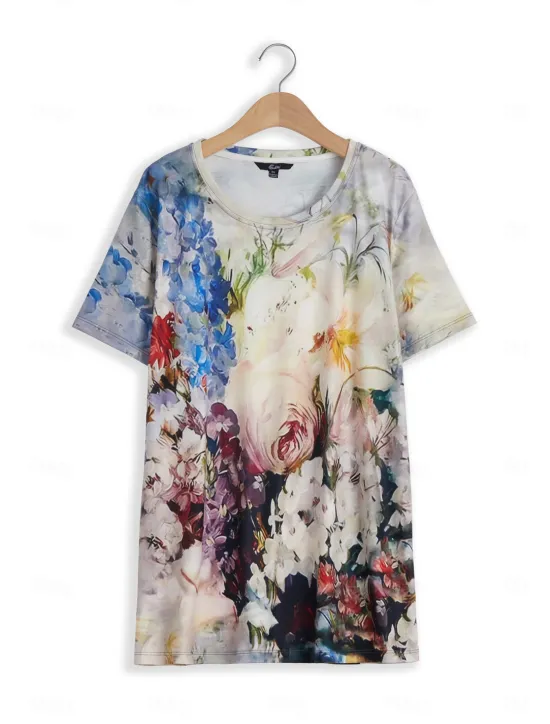 Hot Women's T Shirt Fashion Floral Print Short Sleeve Regular Tops Round Neck Holiday Weekend Yellow Pink Blue Purple Green Spring & Summer Women Spring Tops