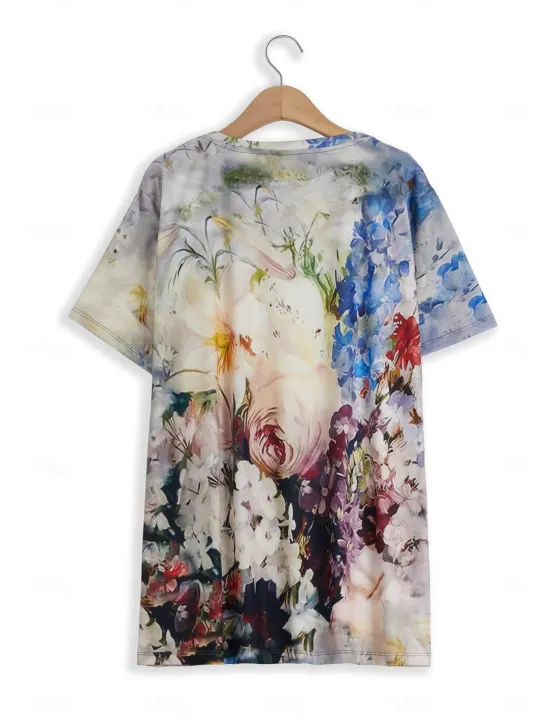 Hot Women's T Shirt Fashion Floral Print Short Sleeve Regular Tops Round Neck Holiday Weekend Yellow Pink Blue Purple Green Spring & Summer Women Spring Tops