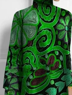 Online Women's T Shirt Fashion Floral Print Asymmetric Hem Long Sleeve Long Tops High Neck Casual Holiday Red Blue Green Spring & Fall Women Boho Tops