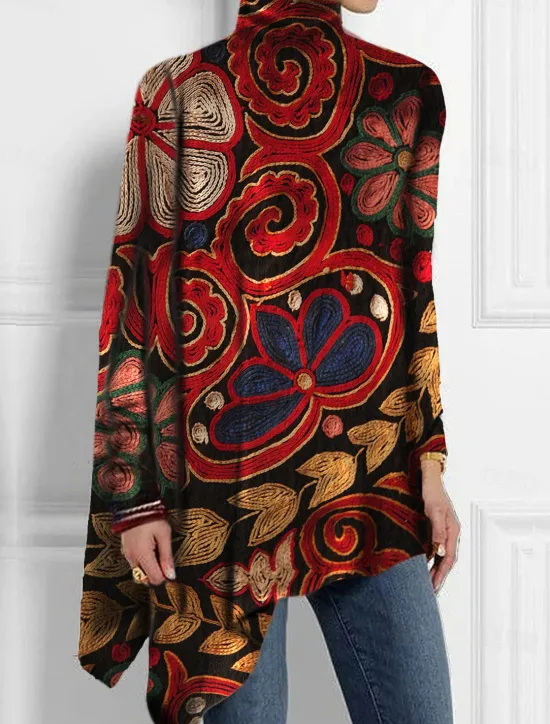 Online Women's T Shirt Fashion Floral Print Asymmetric Hem Long Sleeve Long Tops High Neck Casual Holiday Red Blue Green Spring & Fall Women Boho Tops
