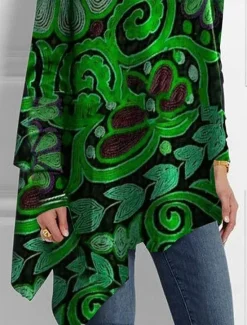 Online Women's T Shirt Fashion Floral Print Asymmetric Hem Long Sleeve Long Tops High Neck Casual Holiday Red Blue Green Spring & Fall Women Boho Tops