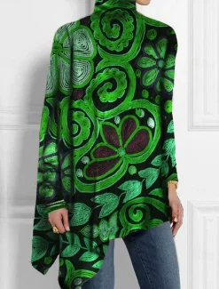 Online Women's T Shirt Fashion Floral Print Asymmetric Hem Long Sleeve Long Tops High Neck Casual Holiday Red Blue Green Spring & Fall Women Boho Tops