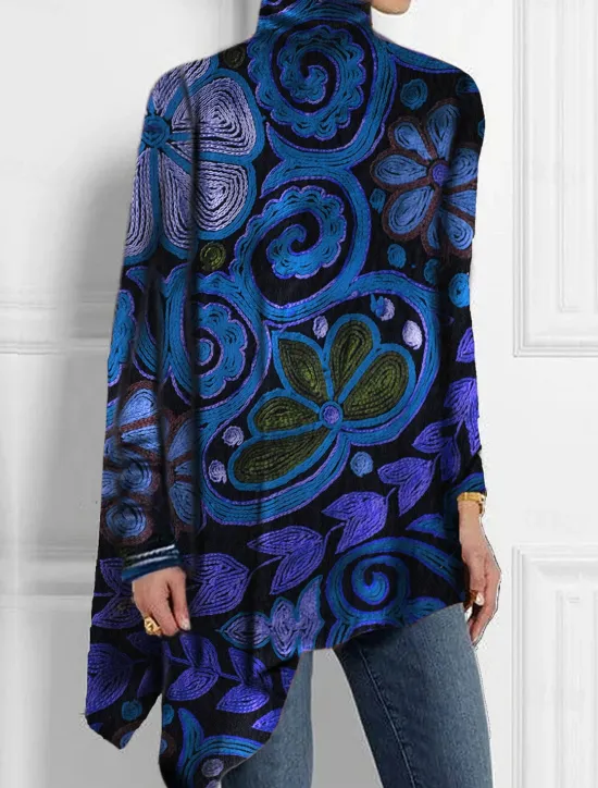 Online Women's T Shirt Fashion Floral Print Asymmetric Hem Long Sleeve Long Tops High Neck Casual Holiday Red Blue Green Spring & Fall Women Boho Tops