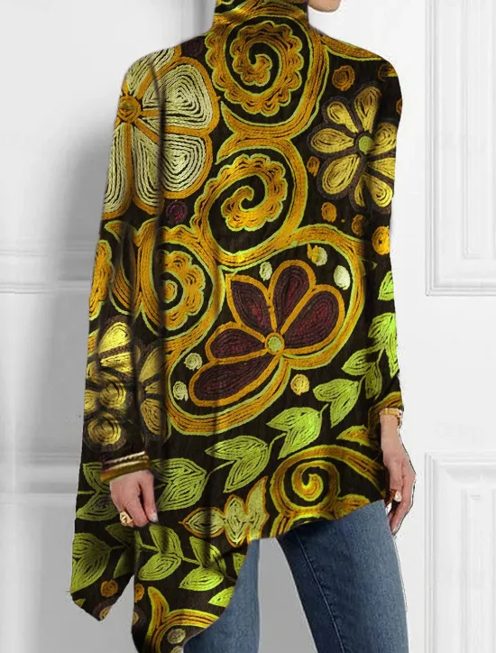 Online Women's T Shirt Fashion Floral Print Asymmetric Hem Long Sleeve Long Tops High Neck Casual Holiday Red Blue Green Spring & Fall Women Boho Tops