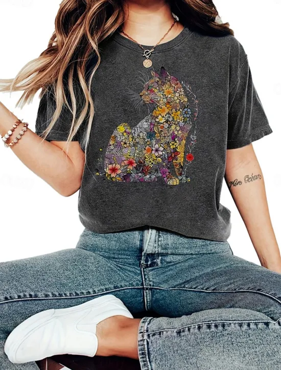 Women's T Shirt Fashion Modern Floral Cat Short Sleeve Regular Tops Crew Neck Daily Summer Women T-Shirts