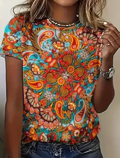 Hot Women's T Shirt Floral Bohemia Vintage Ethnic Short Sleeve Round Neck Regular Tops Daily Print Summer Women Boho Tops
