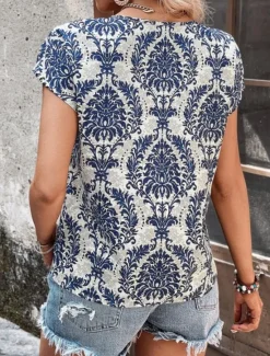Online Women's T Shirt Floral Bohemia Vintage Casual Short Sleeve Crew Neck Regular Tops Daily Weekend Navy Blue Brown Summer Spring Women Boho Tops