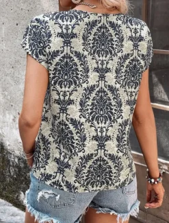 Online Women's T Shirt Floral Bohemia Vintage Casual Short Sleeve Crew Neck Regular Tops Daily Weekend Navy Blue Brown Summer Spring Women Boho Tops