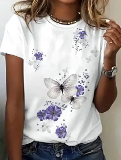 Sale Women's T Shirt Floral Butterfly Stylish Casual Short Sleeve Crew Neck Regular Tops Daily Print Summer Women Spring Tops