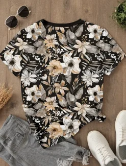 Hot Women's T Shirt Floral Casual Short Sleeve Round Neck Regular Tops Daily Print Summer Spring Women Spring Tops