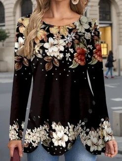 Discount Women's T Shirt Floral Casual Long Sleeve Crew Neck Regular Tops Daily Buttons Print Asymmetrical Black Red Spring & Fall Women Spring Tops