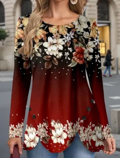 Discount Women's T Shirt Floral Casual Long Sleeve Crew Neck Regular Tops Daily Buttons Print Asymmetrical Black Red Spring & Fall Women Spring Tops