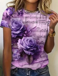 Clearance Women's T Shirt Floral Casual Short Sleeve Round Neck Regular Tops Daily Print Yellow Purple Summer Women Spring Tops