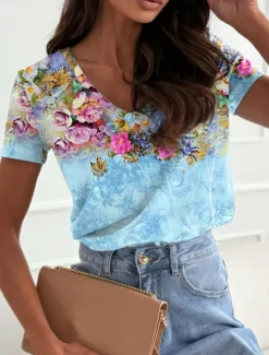 Online Women's T Shirt Floral Casual Short Sleeve V Neck Regular Tops Daily Print Pink Blue Green Summer Women Spring Tops