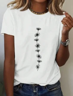 Sale Women's T Shirt Floral Casual Short Sleeve Round Neck Regular Tops Daily Print Black White Pink Blue Summer Women T-Shirts