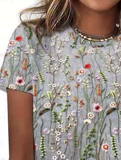 Online Women's T Shirt Floral Casual Short Sleeve Round Neck Regular Tops Daily Print Blue Green Gray Summer Women Spring Tops