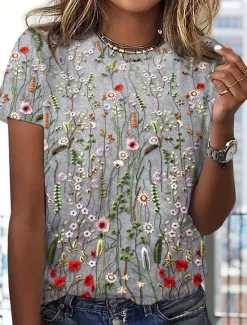 Online Women's T Shirt Floral Casual Short Sleeve Round Neck Regular Tops Daily Print Blue Green Gray Summer Women Spring Tops