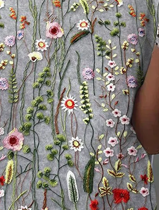 Online Women's T Shirt Floral Casual Short Sleeve Round Neck Regular Tops Daily Print Blue Green Gray Summer Women Spring Tops