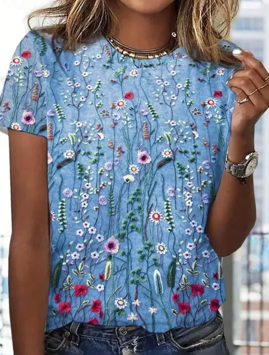 Online Women's T Shirt Floral Casual Short Sleeve Round Neck Regular Tops Daily Print Blue Green Gray Summer Women Spring Tops
