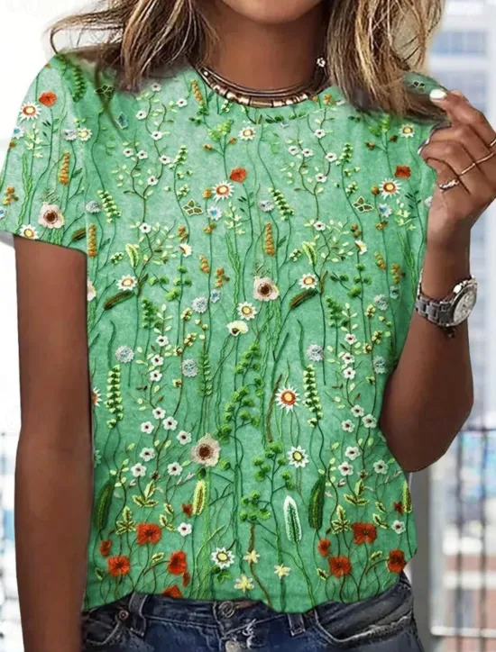 Online Women's T Shirt Floral Casual Short Sleeve Round Neck Regular Tops Daily Print Blue Green Gray Summer Women Spring Tops