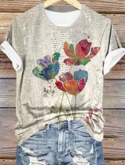 Hot Women's T Shirt Floral Casual Short Sleeve Round Neck Regular Tops Daily Print Summer Women Spring Tops
