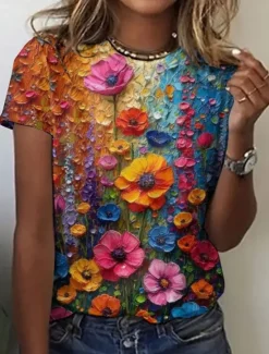 Best Women's T Shirt Floral Casual Short Sleeve Round Neck Regular Tops Daily Print Blue Green Summer Women Spring Tops