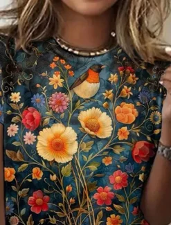 Best Women's T Shirt Floral Casual Short Sleeve Round Neck Regular Tops Daily Print Blue Green Summer Women Spring Tops