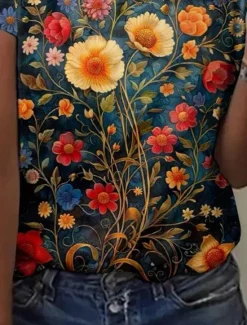 Best Women's T Shirt Floral Casual Short Sleeve Round Neck Regular Tops Daily Print Blue Green Summer Women Spring Tops